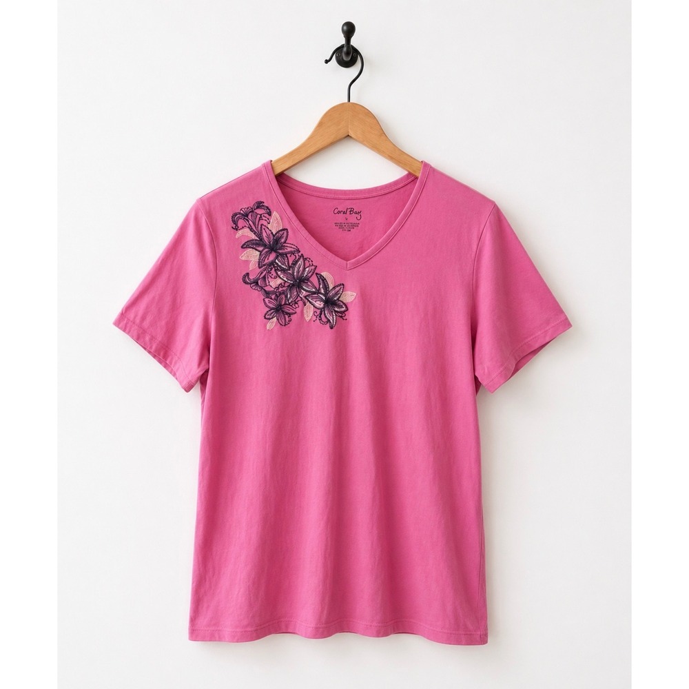 Coral Bay Pink Embellished Floral V-Neck Top‎ Size Large Rhinestone Accent